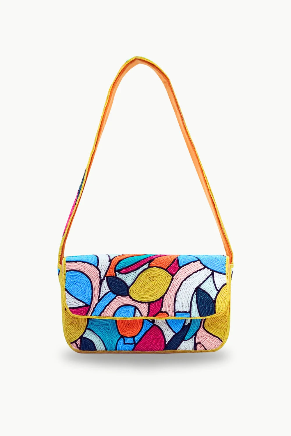 Colorful beaded bag with abstract pattern and yellow strap, Lemon Beaded Bag