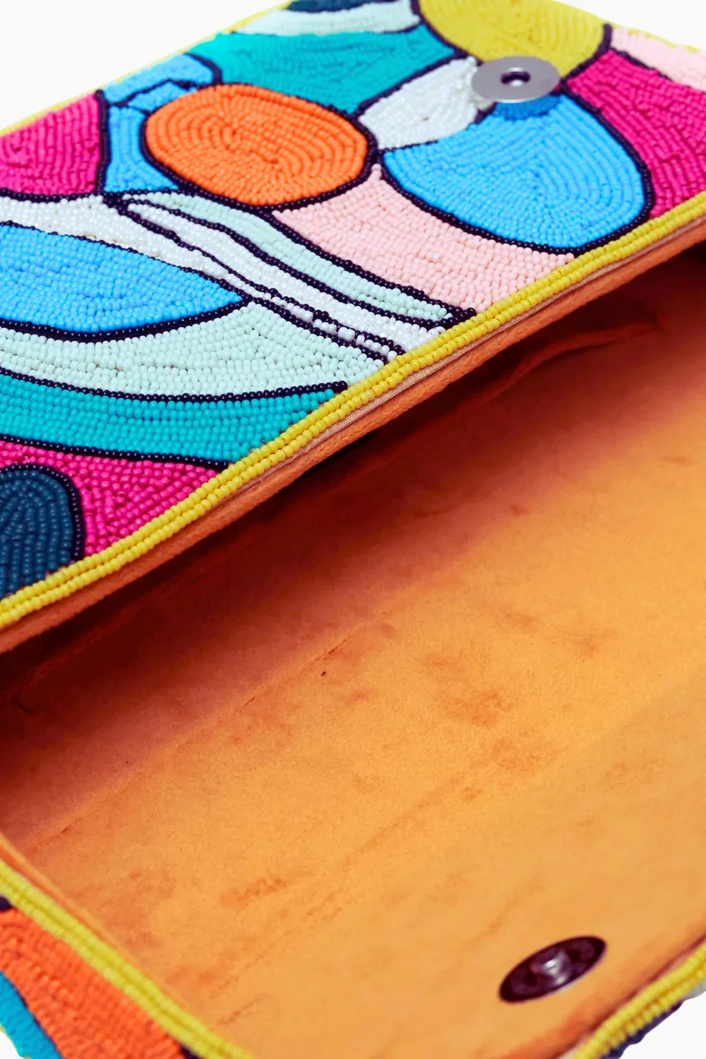 Vibrant Lemon Beaded Bag with colorful floral pattern and orange lining