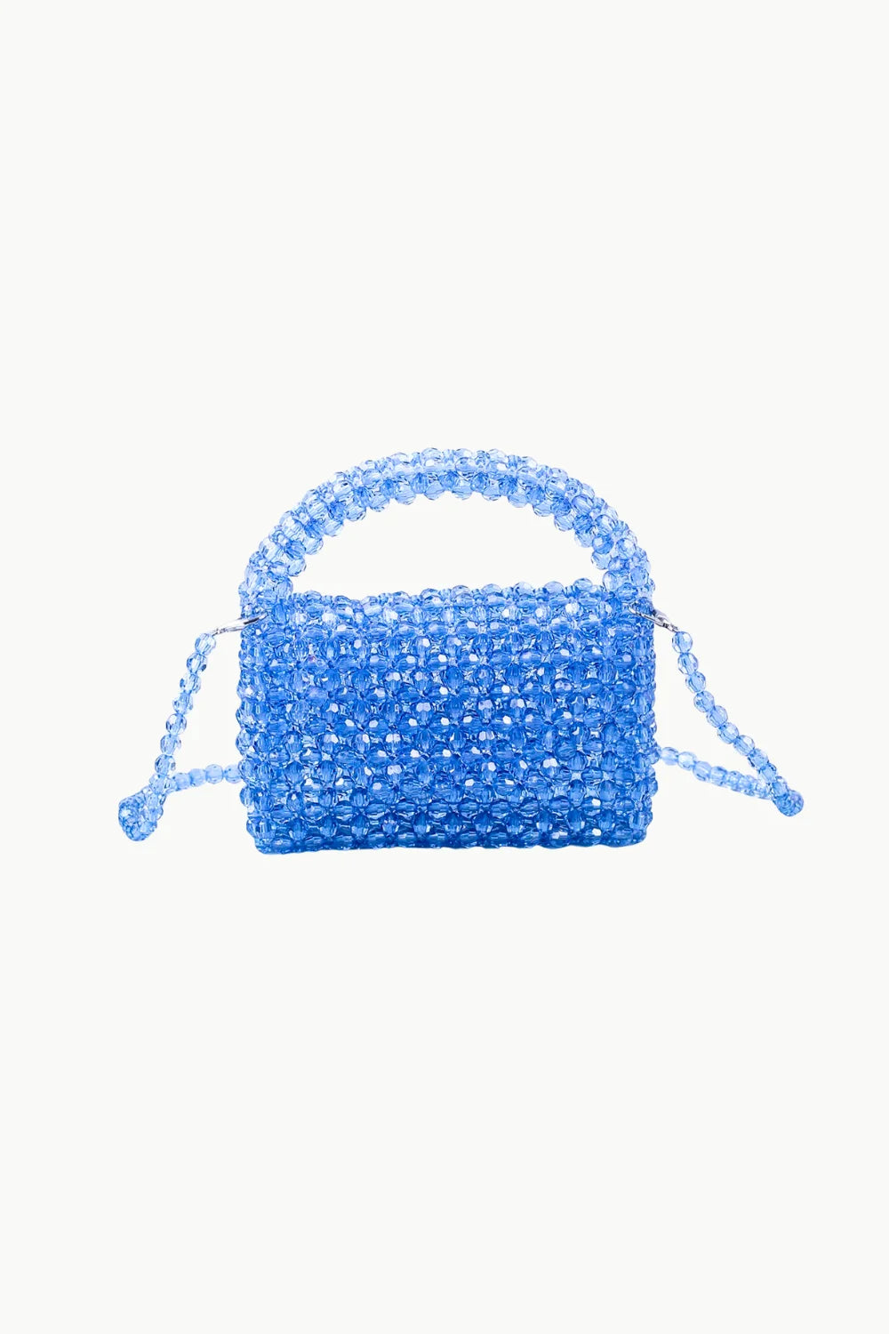 Light Blue Beaded Bag featuring a blue beaded design with top handle and shoulder strap