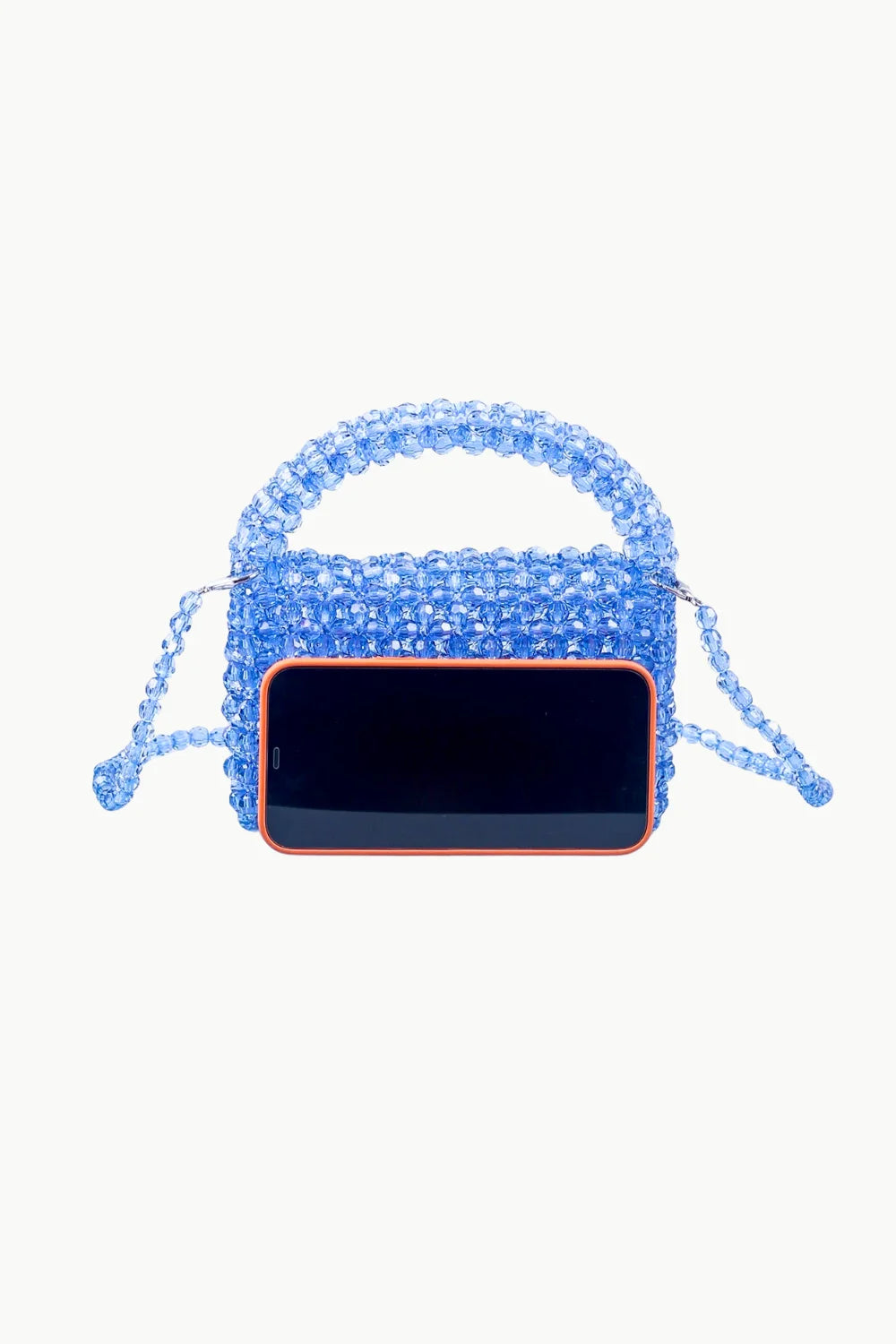 Light Blue Beaded Bag with matching handle and detachable strap, smartphone for scale