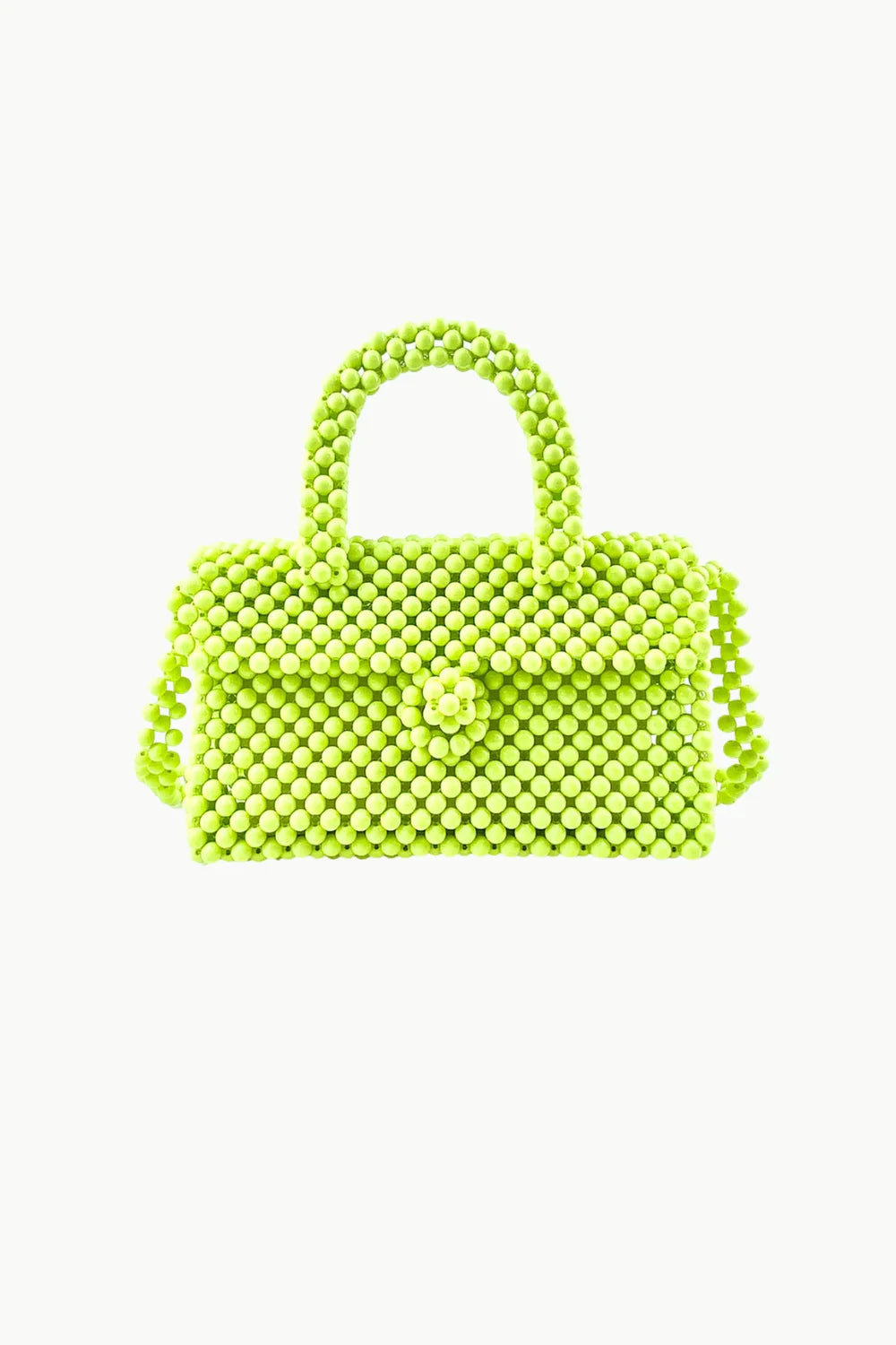 Neon green beaded handbag with top handle and flap closure, Light Green Beaded Handbag
