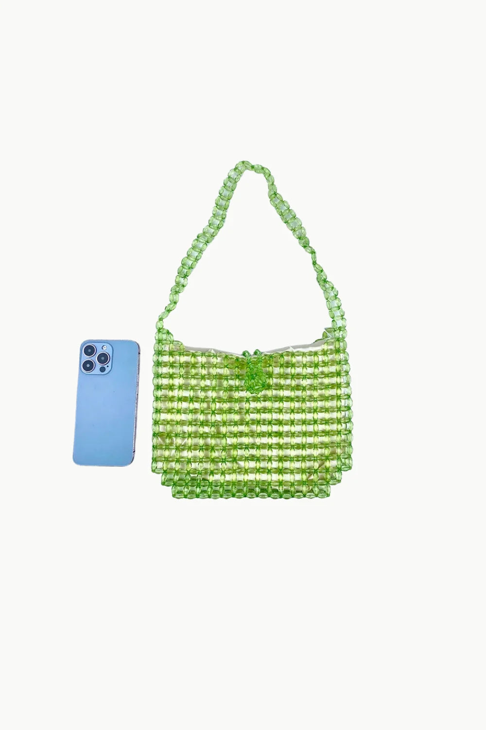 Light Green Beaded Shoulder Bag with green beaded pattern and lime green flower clasp