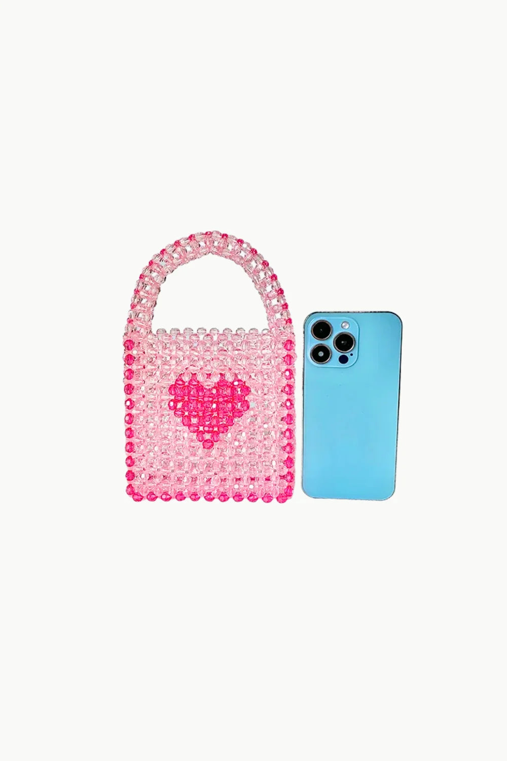 Pink beaded handbag with dark pink heart design, stylish pink beaded bag for women