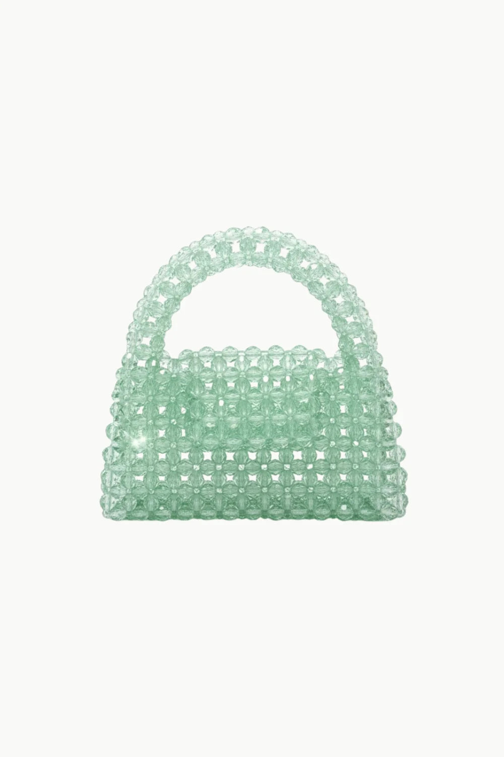 Light green beaded bag with rounded handle, perfect for stylish accessories