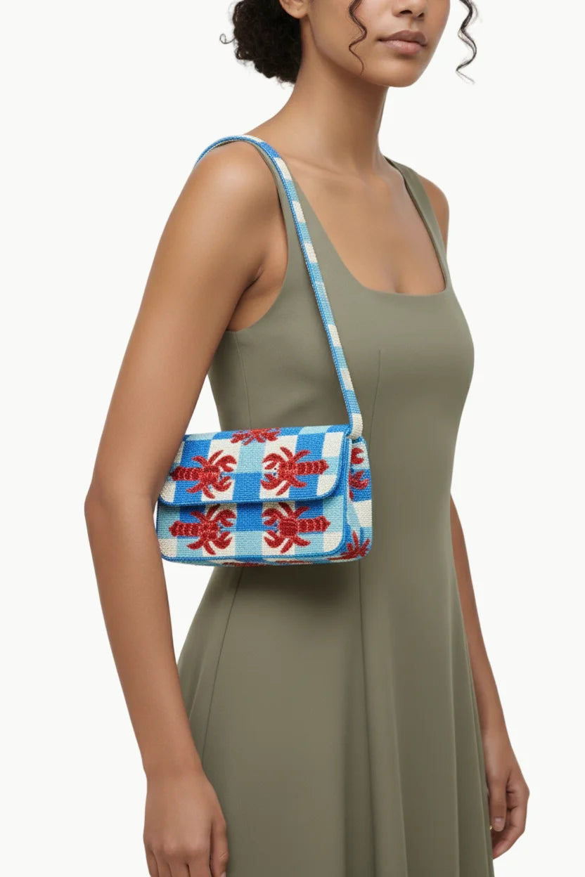 Blue and white checkered lobster beaded bag with red lobster embroidery for stylish accessories