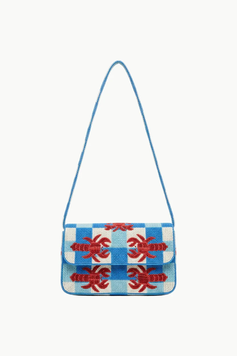 Blue and white checkered lobster beaded bag with red lobster motifs for stylish accessories