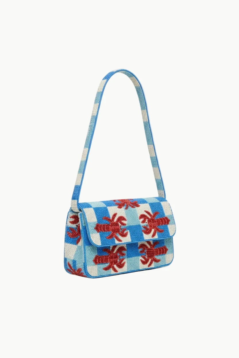 Blue and white gingham lobster beaded bag with red crab embellishments