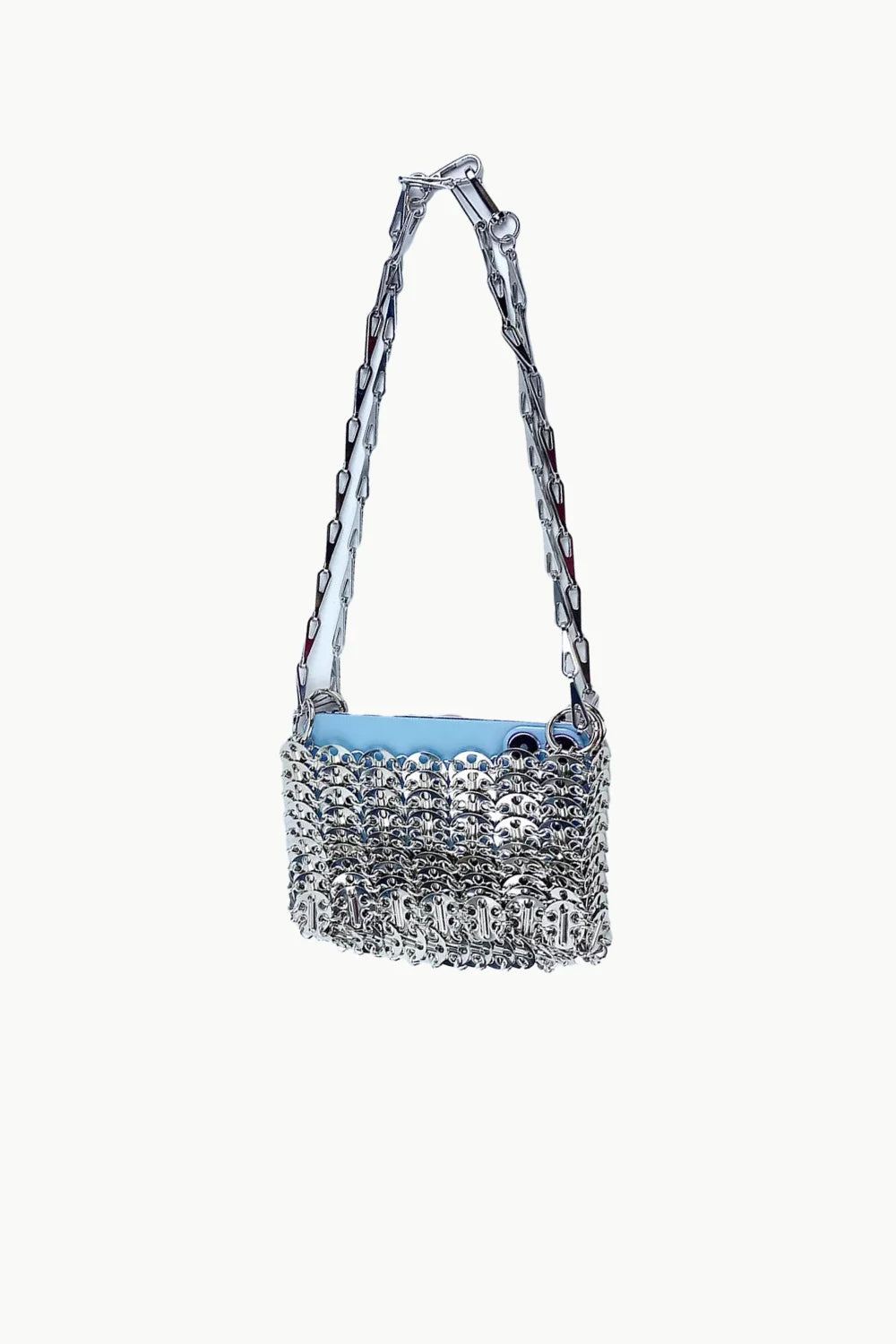 Shimmering silver chainmail shoulder bag with light blue interior and long chain bead