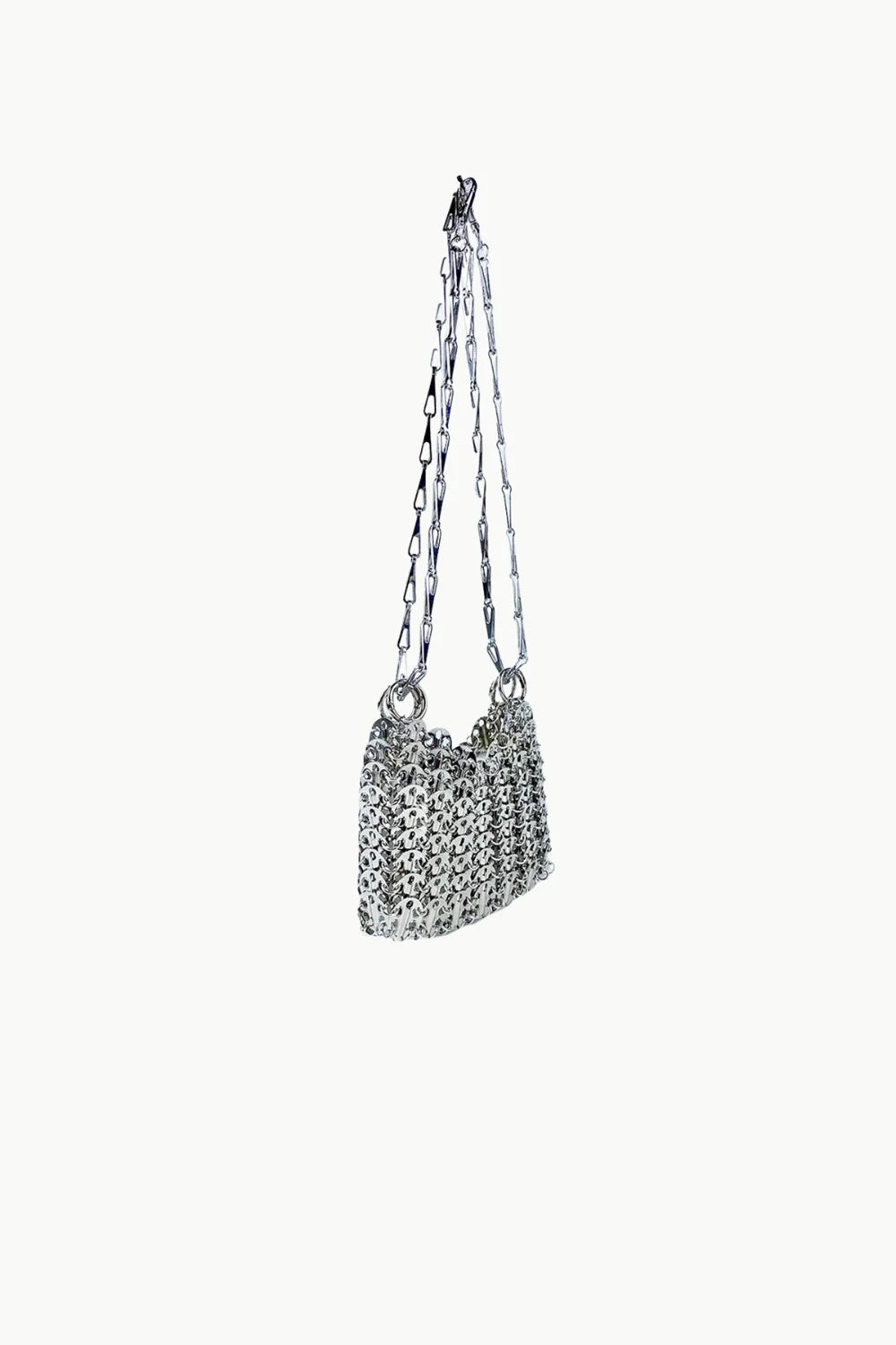 Silver chainmail shoulder bag with long chain and bead straps for stylish fashion accessory