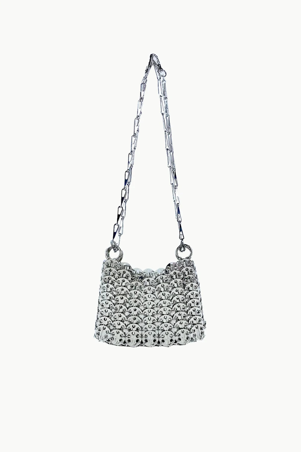 Shimmering silver shoulder bag with long chain and bead detail