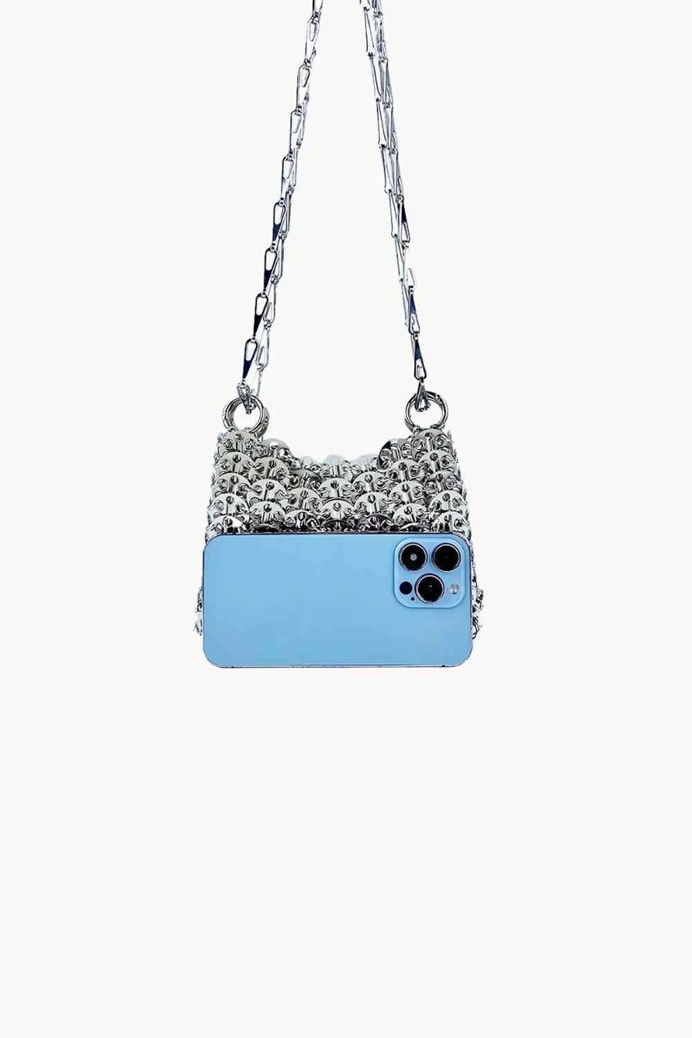 Sparkly silver beaded shoulder bag with long chain strap and long chain bead design