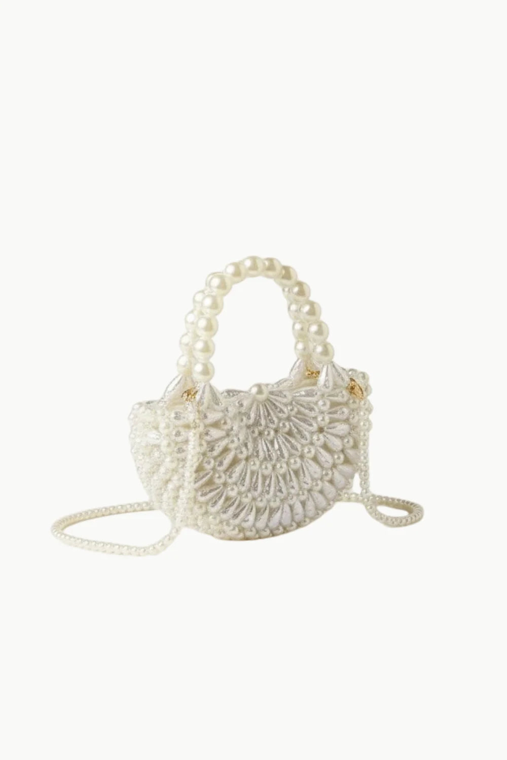 White pearl-embellished semi-circular Magnolia Pearl Bag with top handle and shoulder strap