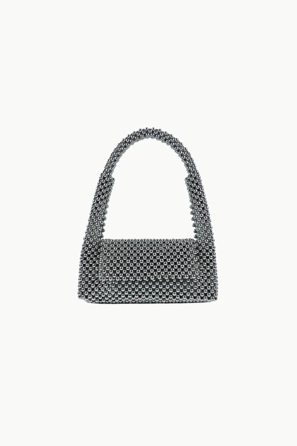 Black beaded baguette shoulder bag with a single strap, metallic bead purse accessory