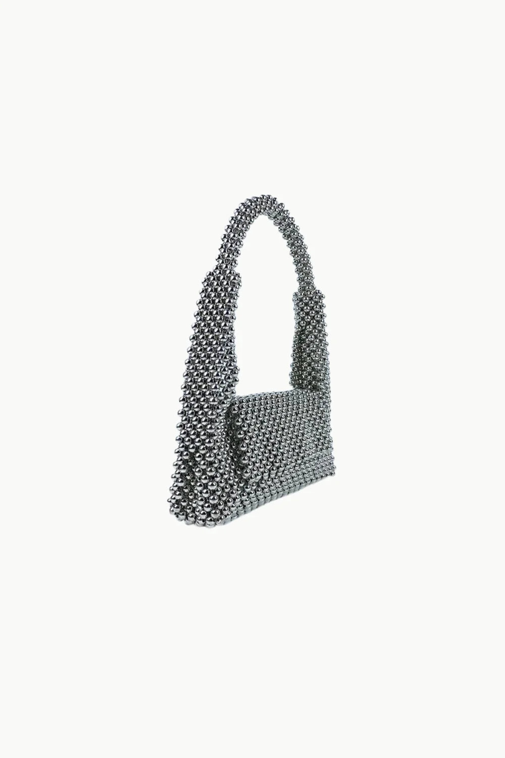 Gray beaded shoulder bag with curved handle, metallic bead purse for stylish accessories