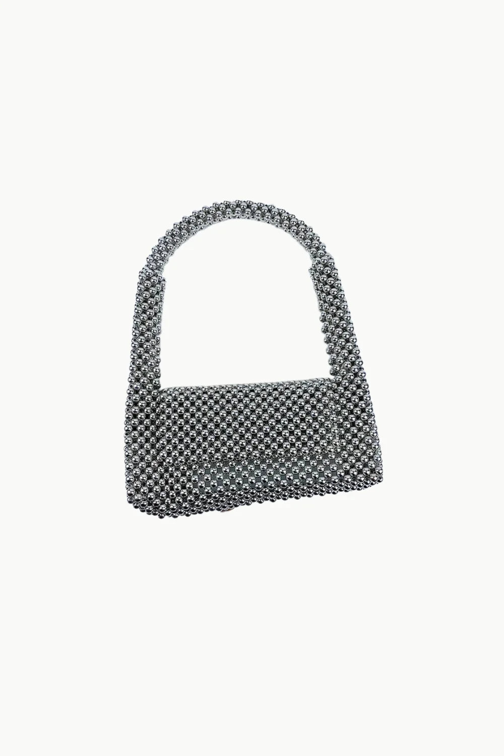 Silver metallic bead purse with curved top handle for stylish accessory collection