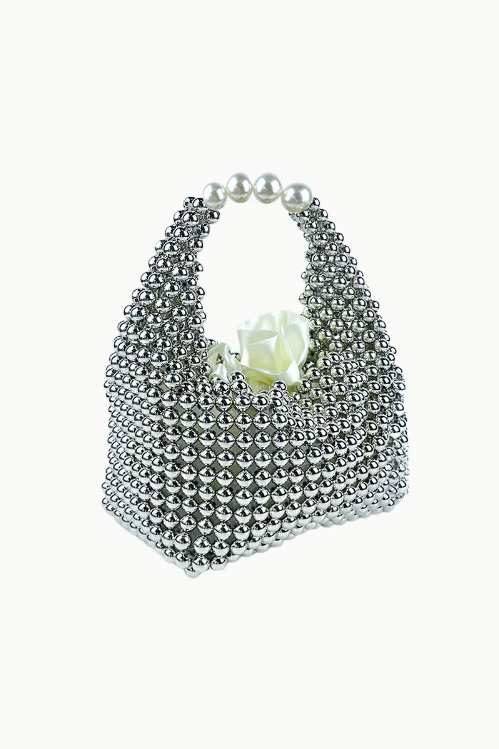 Silver metallic beaded bag with pearl handle and white rose accent for elegant style