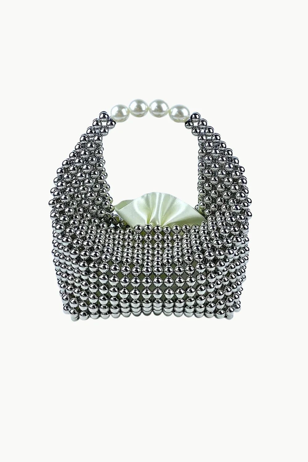 Silver metallic beaded bag with pearl handle and ruched fabric lining for elegant style
