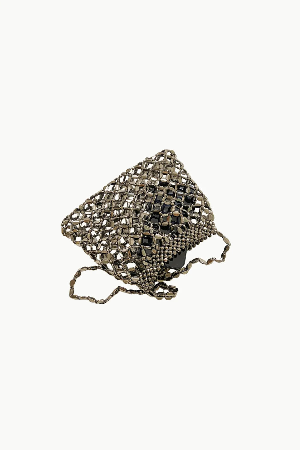 Gray metallic beaded shoulder bag with wavy strap for stylish evening wear