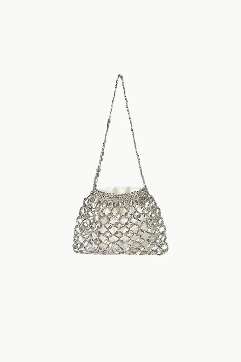 Silver metallic beaded shoulder bag with drawstring top for stylish evening wear
