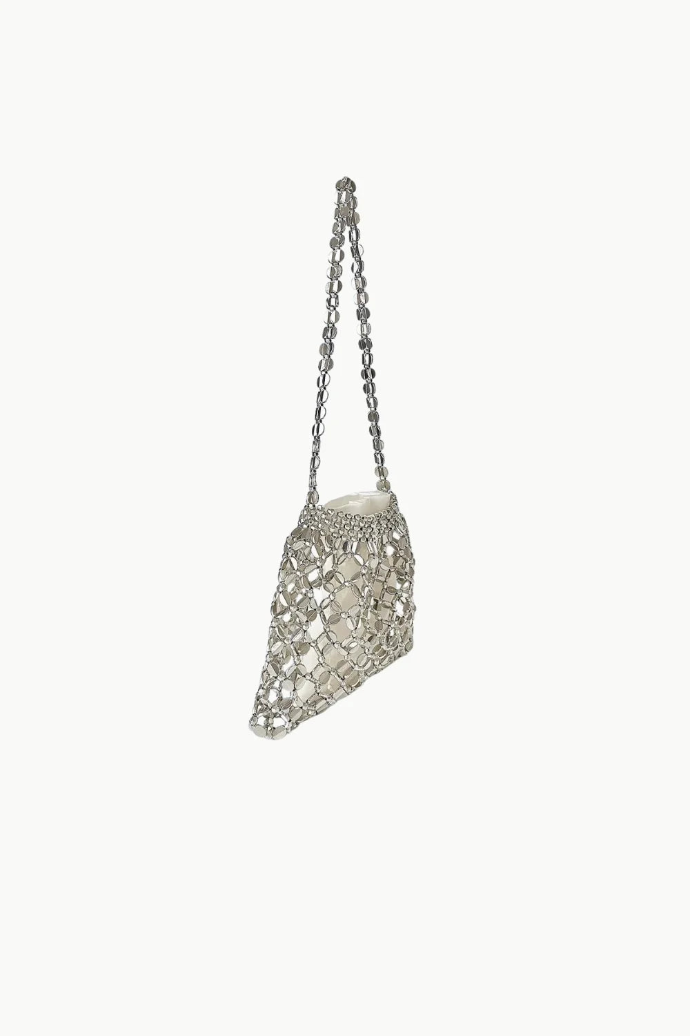 Silver metallic beaded shoulder bag with white inner lining for stylish accessories