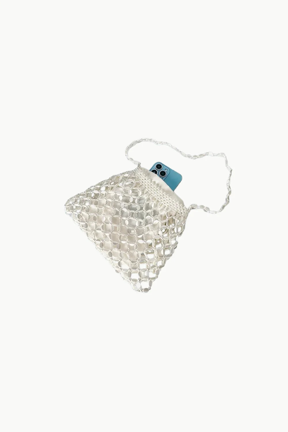 White beaded shoulder bag with light blue smartphone inside, metallic beaded shoulder style