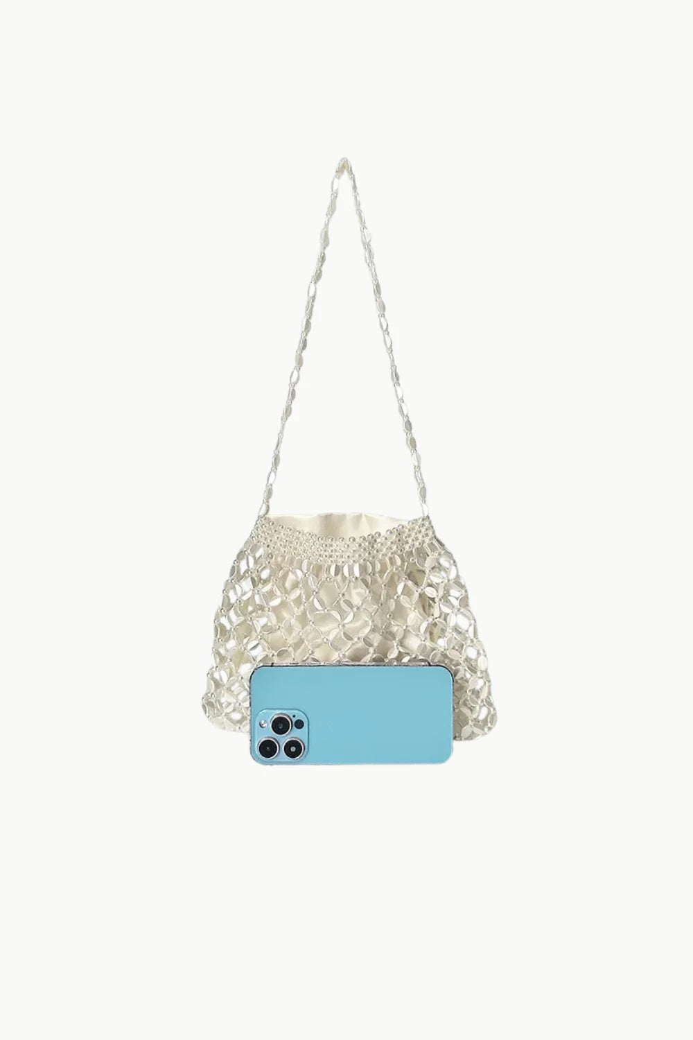 White beaded drawstring shoulder bag with long strap, metallic beaded shoulder accessory