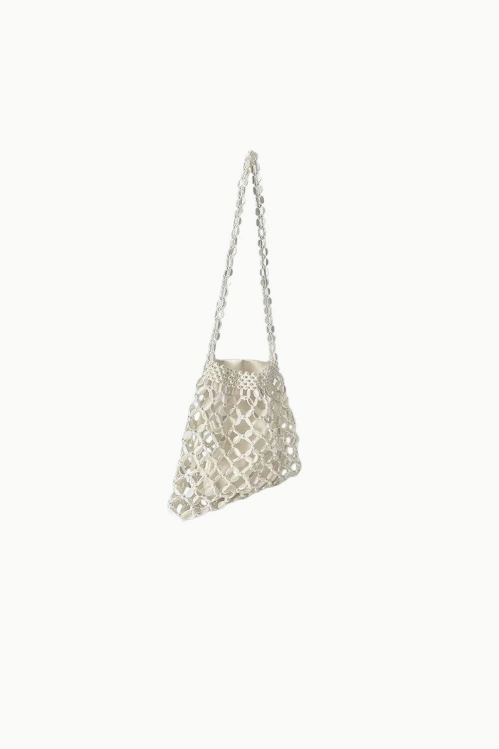 White metallic beaded shoulder bag with intricate woven pattern for stylish accessories
