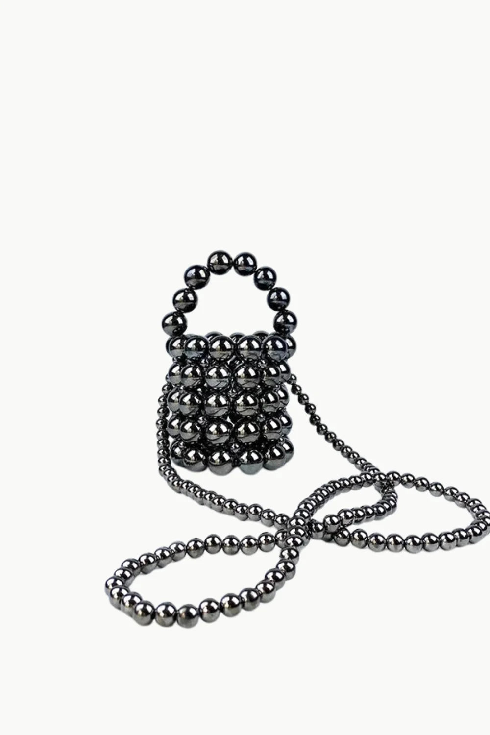 Dark metallic beaded bucket bag with handle and long strap, perfect beaded bucket bag