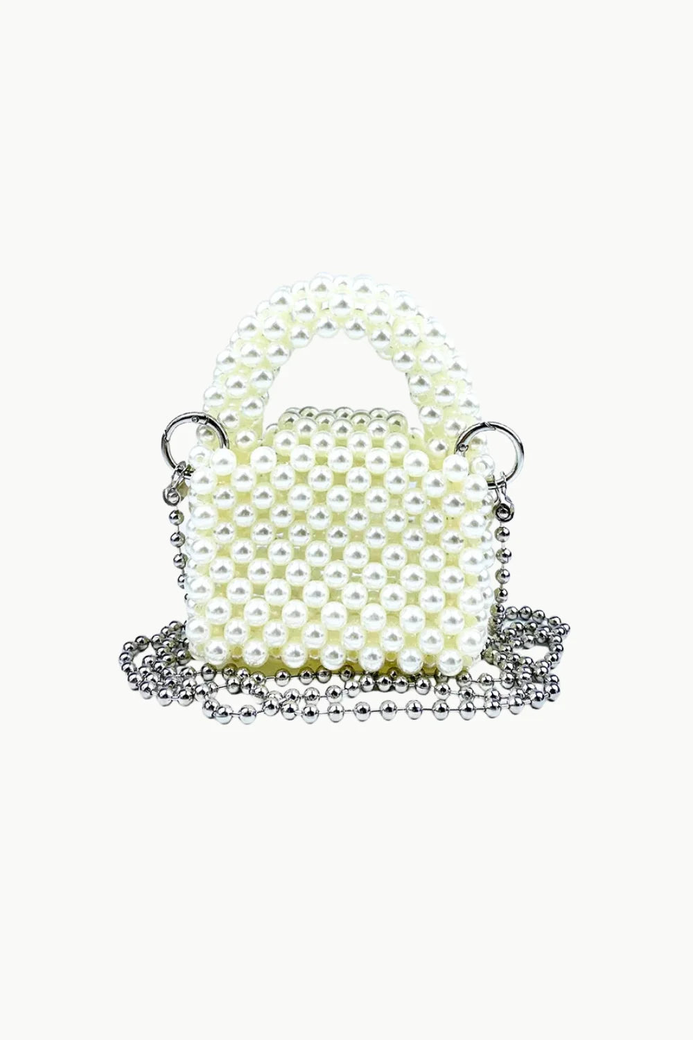 Pearl beaded mini handbag with silver ball chain strap for stylish Mother of Pearl Bag