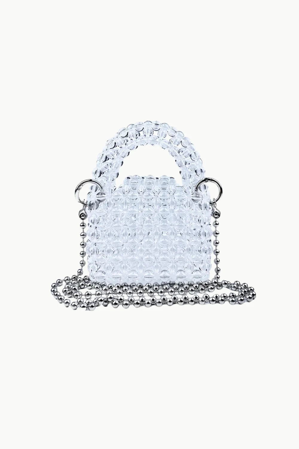 Clear pearl beaded mini handbag with silver ball chain strap, Mother Of Pearl Bag
