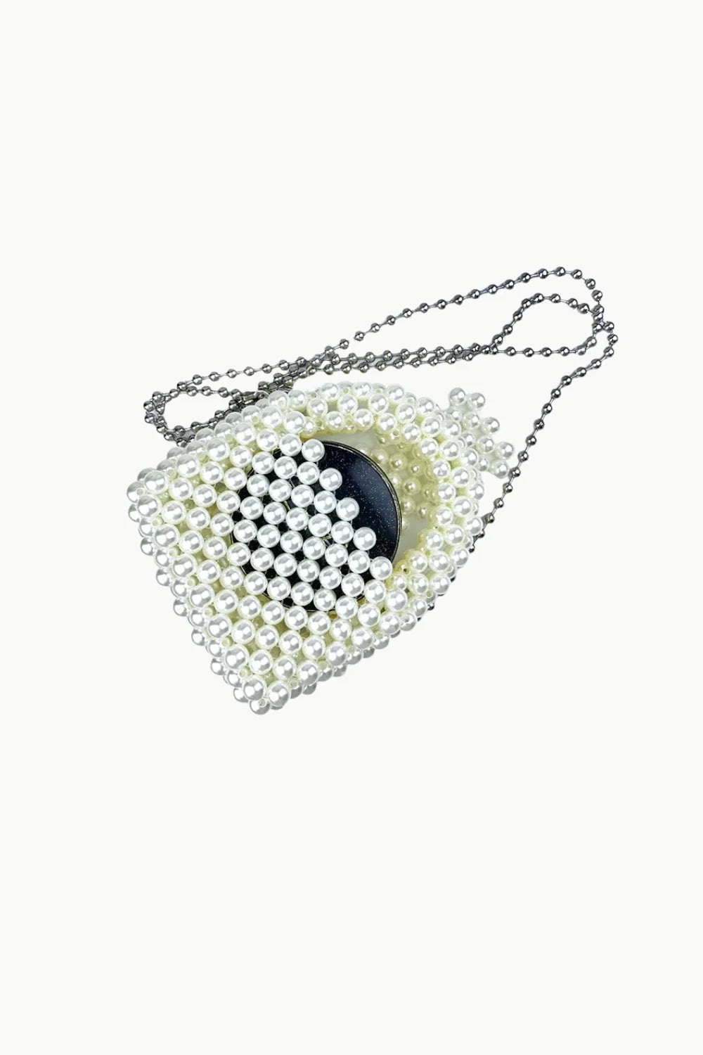 White faux pearl beaded pouch with silver ball chain strap, perfect for a pearl bag accessory