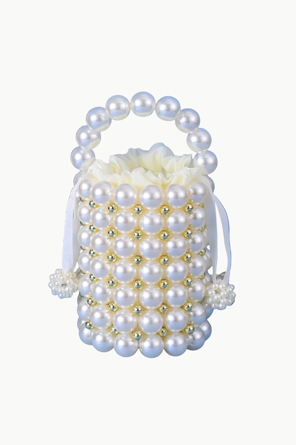 White pearl-beaded cylindrical bucket bag with pearl handle, stylish pearl bucket bag