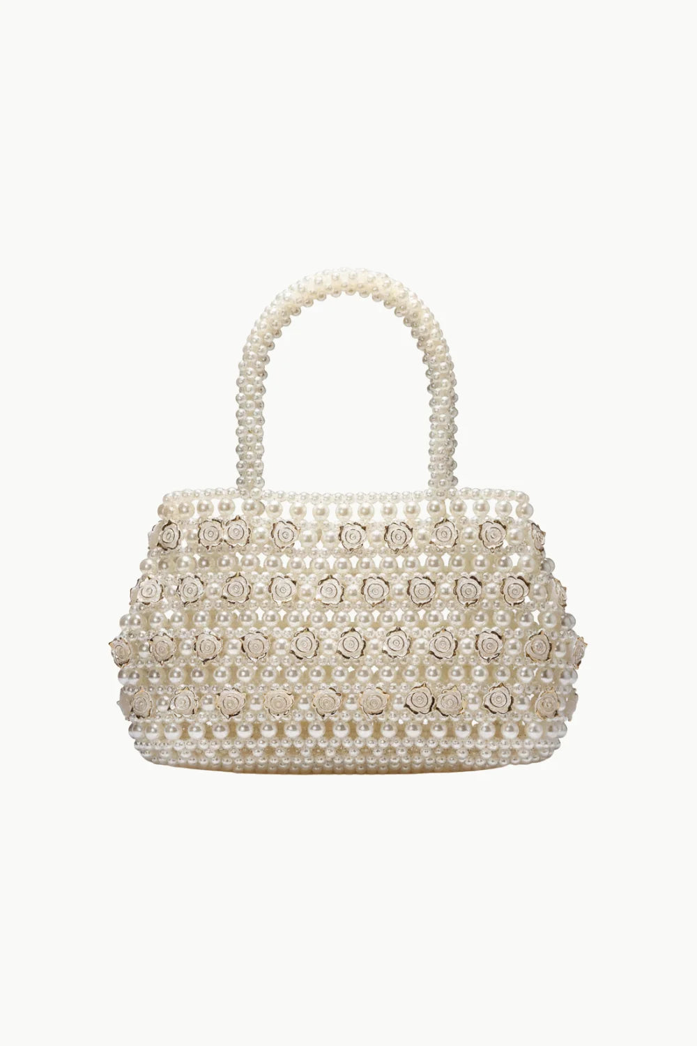 White pearl-beaded clutch bag with top handle, elegant pearl clutch for special occasions