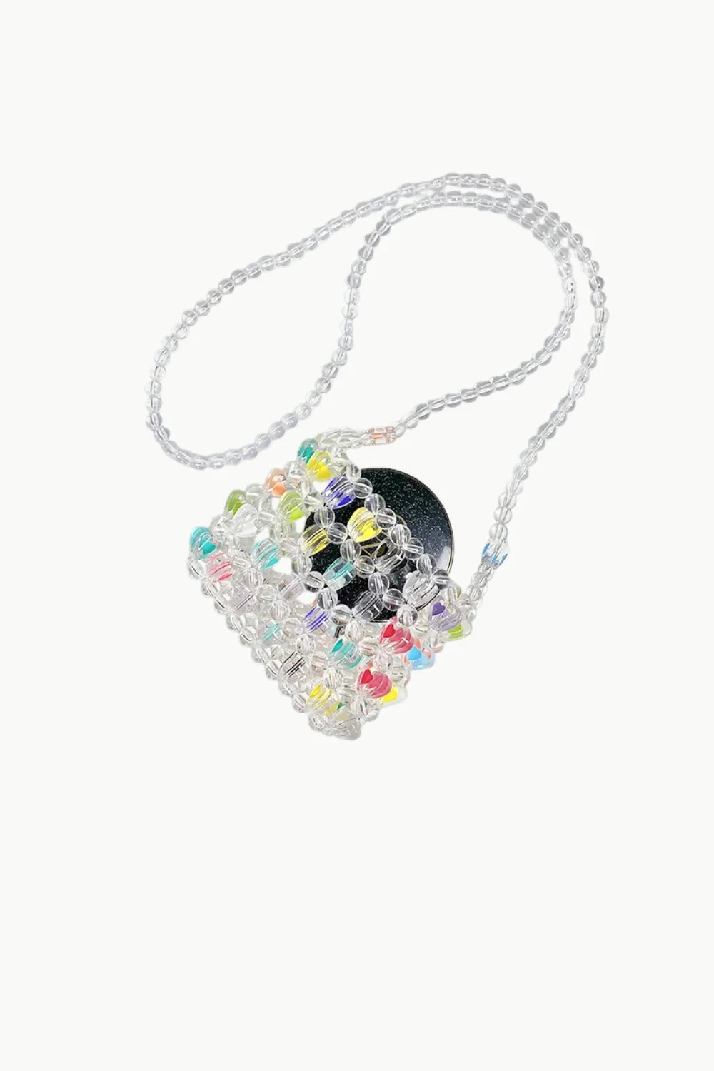 Multi color beads bag with clear beaded design and long strap featuring a black circular object