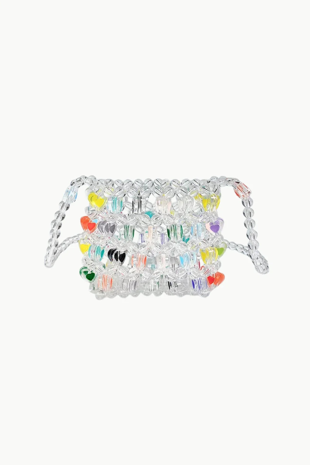 Clear beaded handbag with colorful heart-shaped accents, perfect as a multi color beads bag