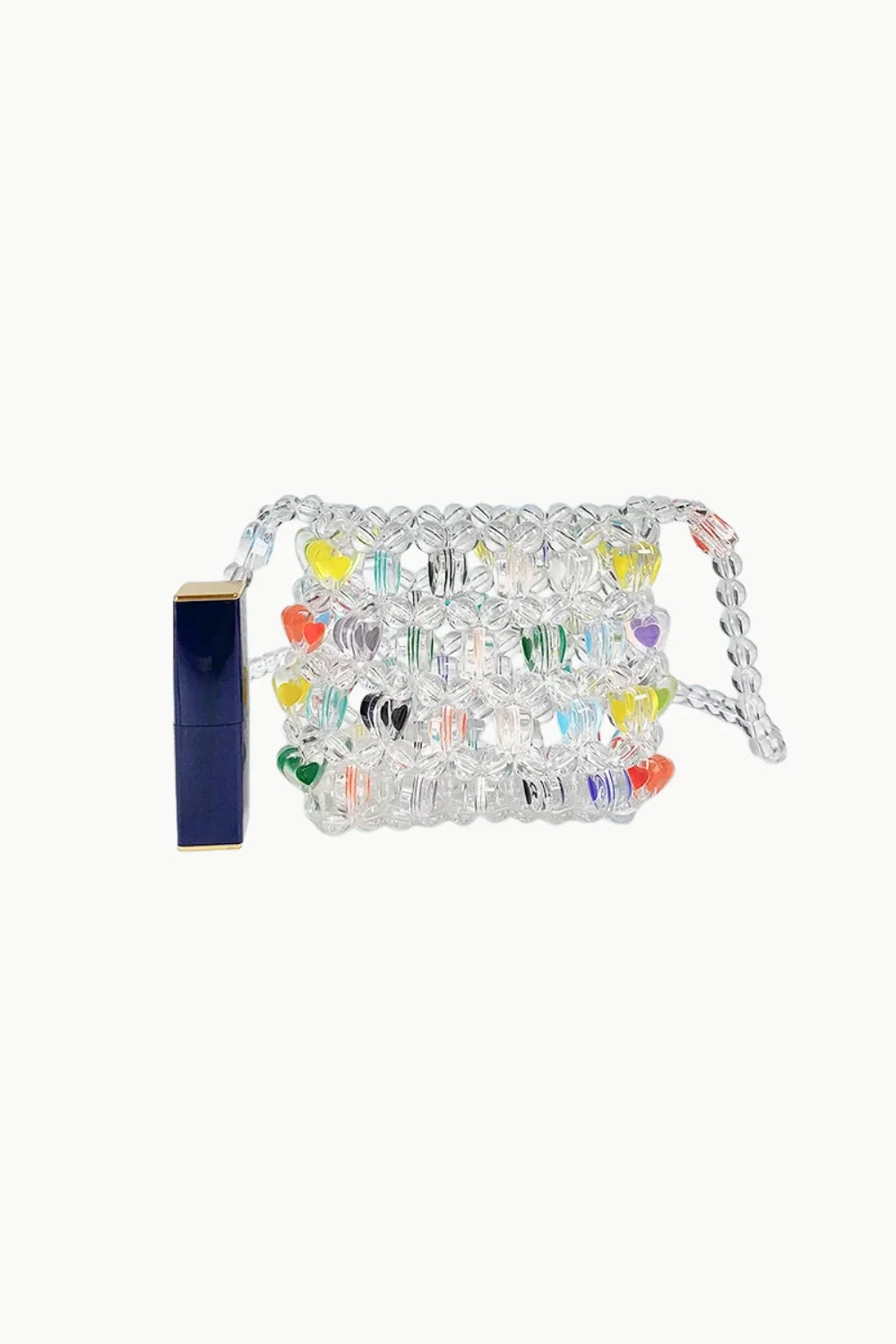 Multi color beads bag with colorful heart accents and dark blue lipstick tube