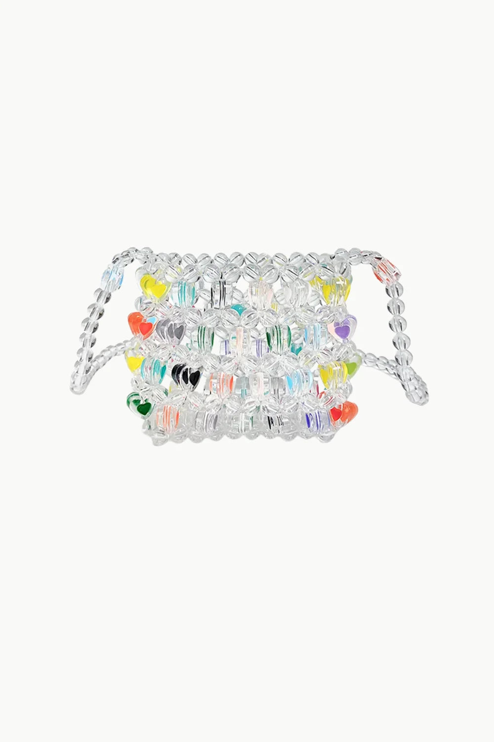 Clear beaded shoulder bag with colorful heart accents featuring multi color beads for style