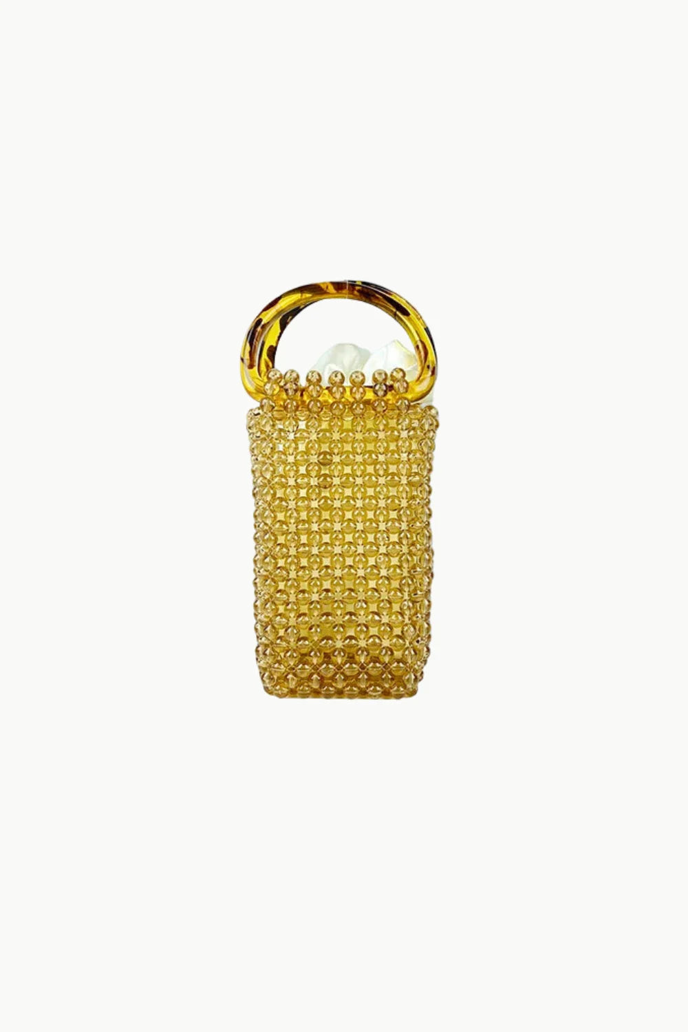 Gold beaded cylindrical bucket bag with tortoiseshell handle, stylish narrow beaded bucket bag