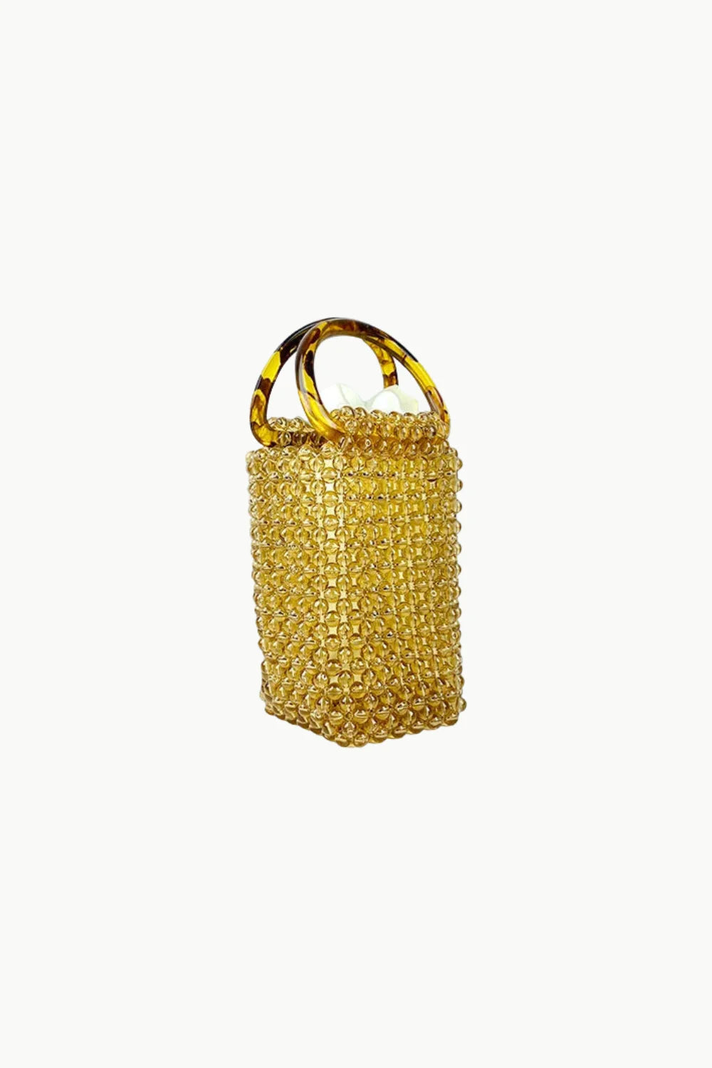 Gold beaded cylindrical narrow beaded bucket bag with tortoiseshell handles