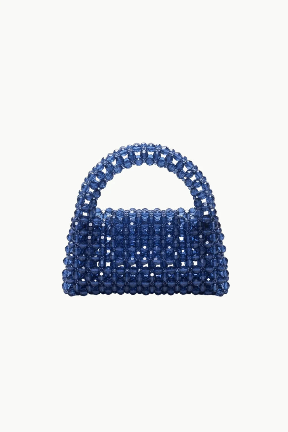 Navy beaded purse with rounded top handle, stylish blue beaded handbag for women