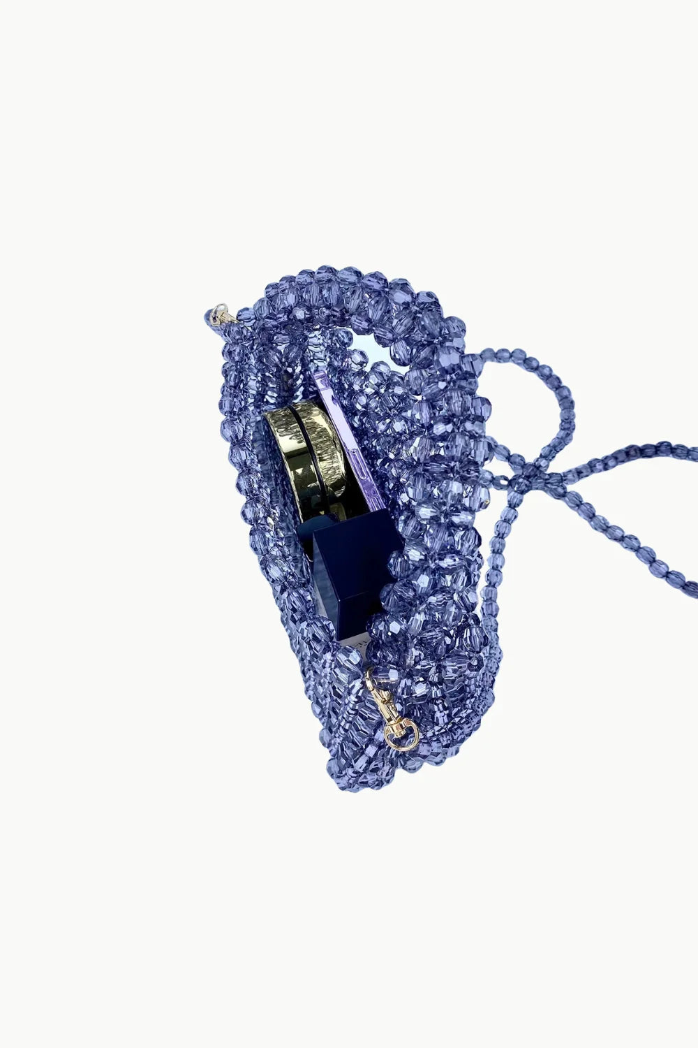 Translucent purple navy blue beaded shoulder bag with gold clasp for stylish accessories