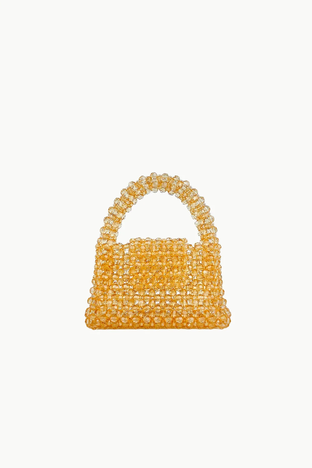 Orange beaded bag made of golden-yellow beads with arched handle, stylish beaded bag