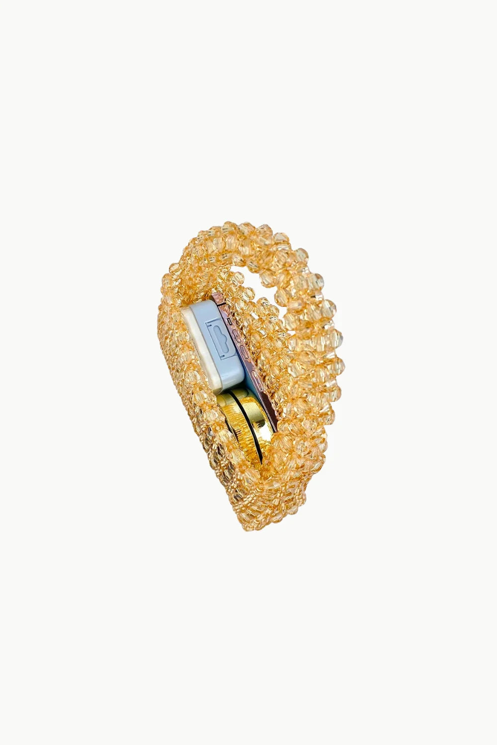 Orange beaded bag with light blue and gold interior, stylish beaded bag accessory