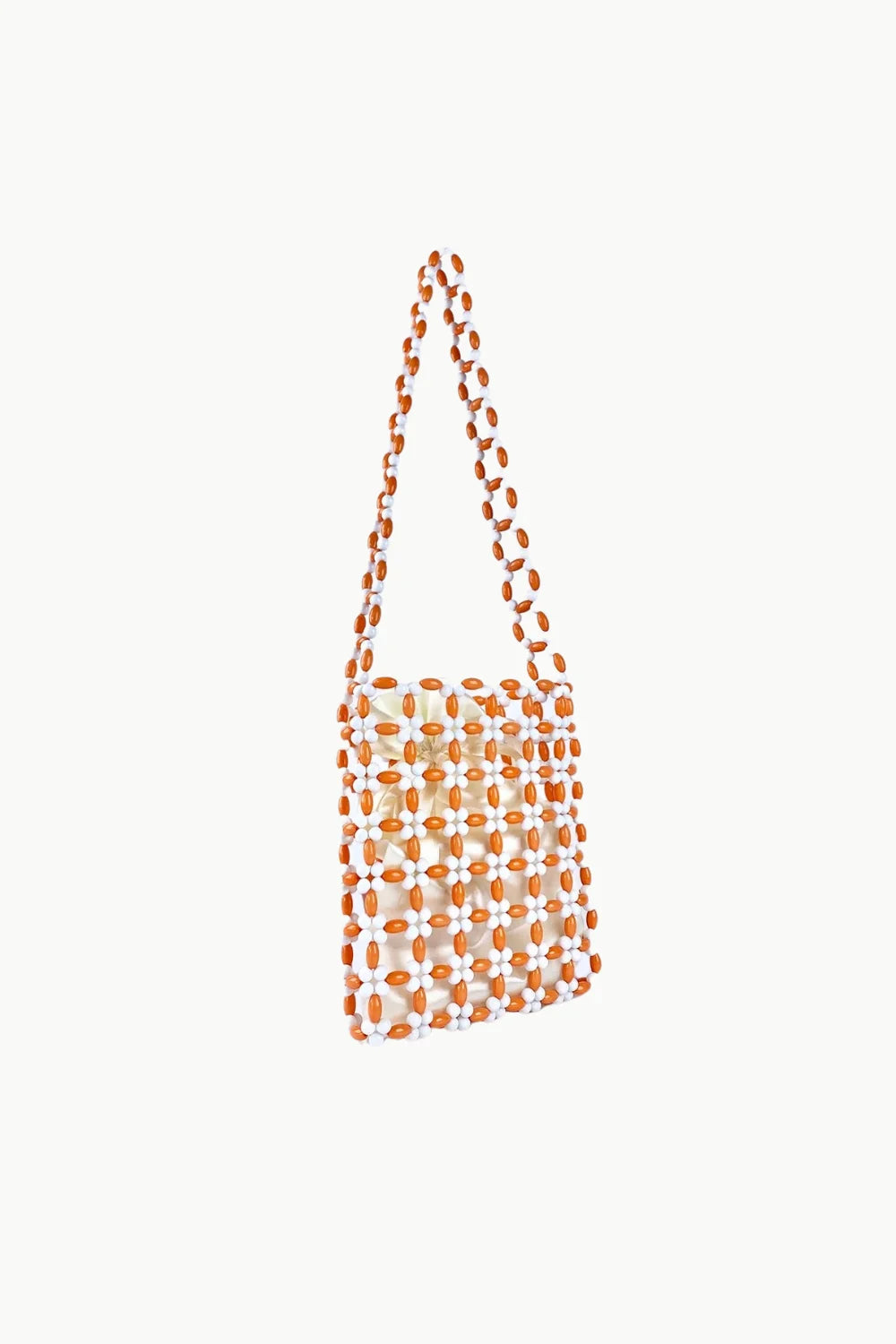 Orange Beaded Crossbody bag with open-weave design and light brown lining