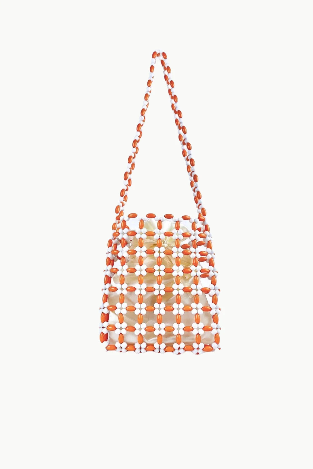 Orange beaded crossbody bag with white beads and drawstring lining for stylish carry