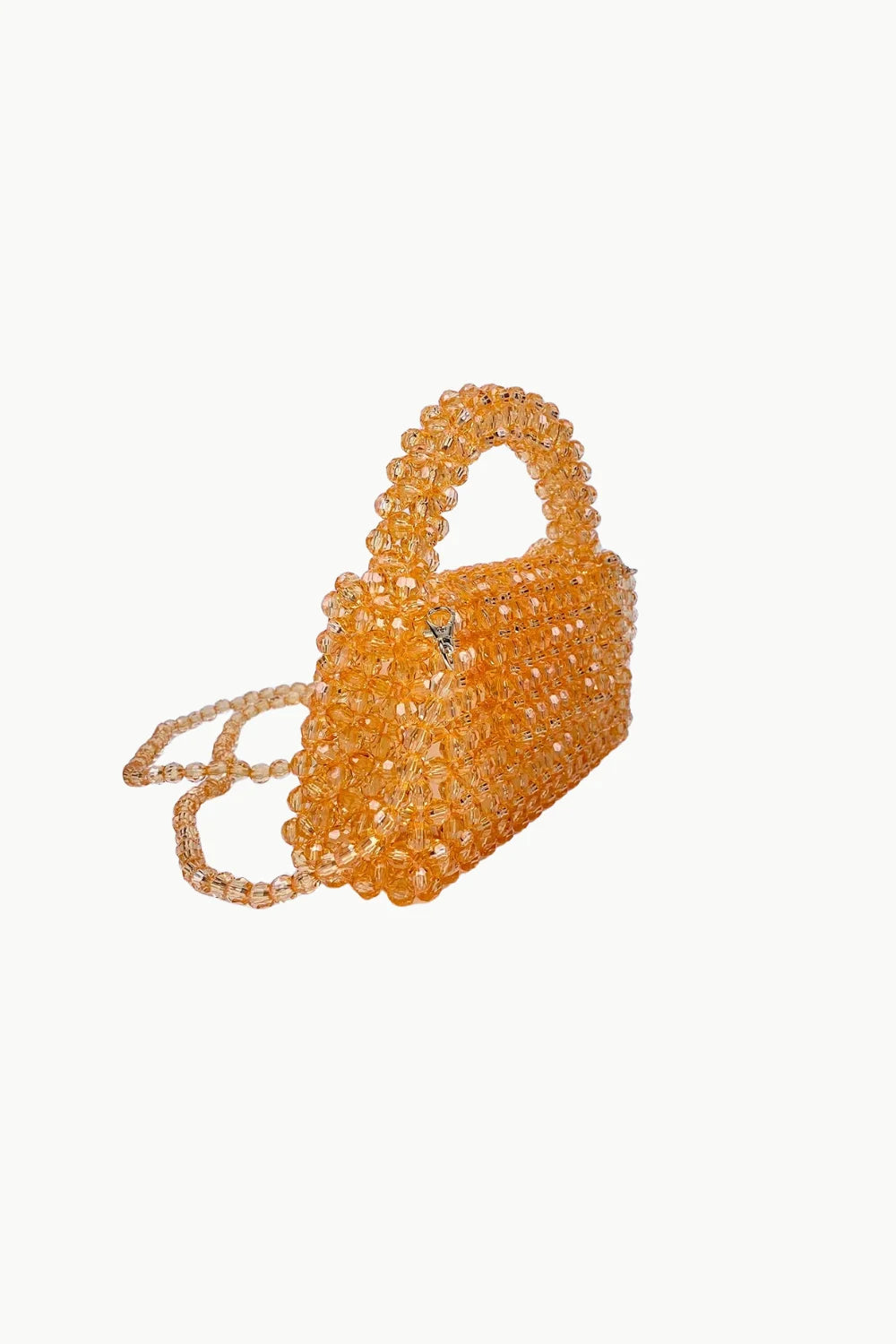 Orange beaded purse with top-handle and shoulder strap, stylish orange beaded bag