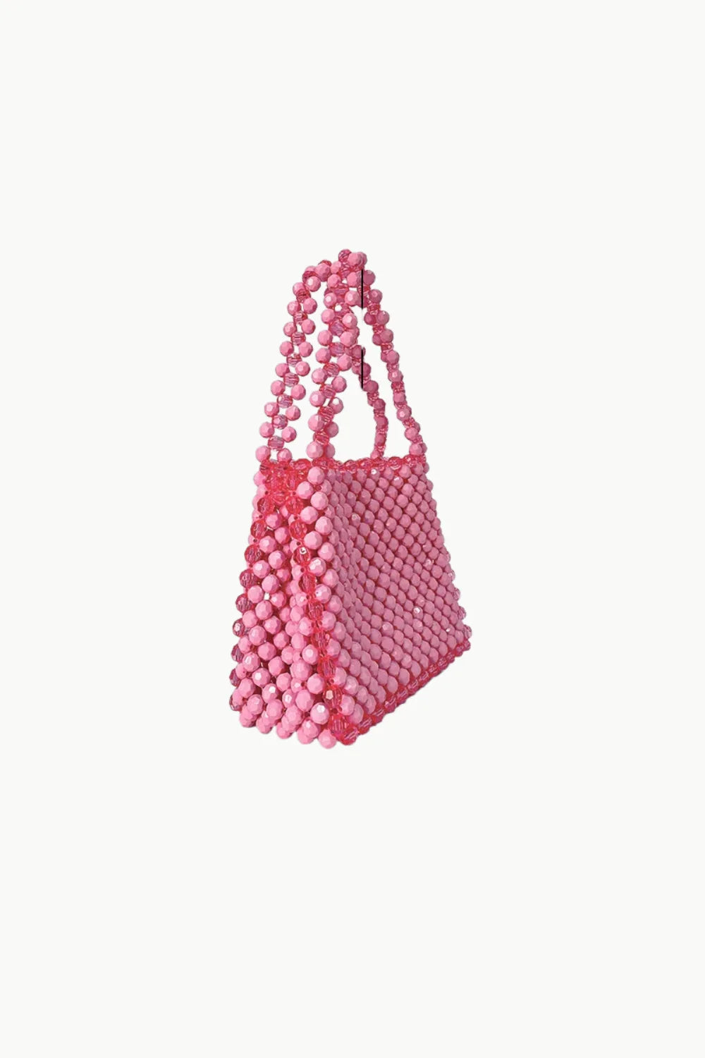 Pink beaded tote bag with top handles, stylish pink beaded bag for accessories