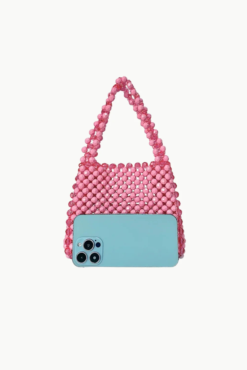 Pink beaded tote bag with light blue smartphone in front, stylish beaded bag accessory