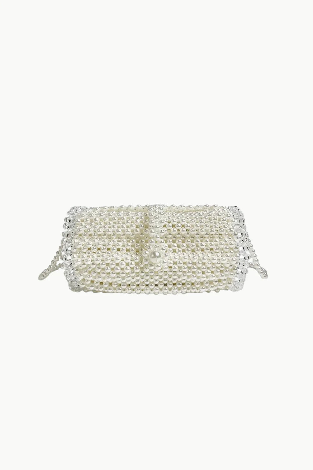 White beaded pearl bag with a pearl clasp and elegant bag chain for stylish accessories