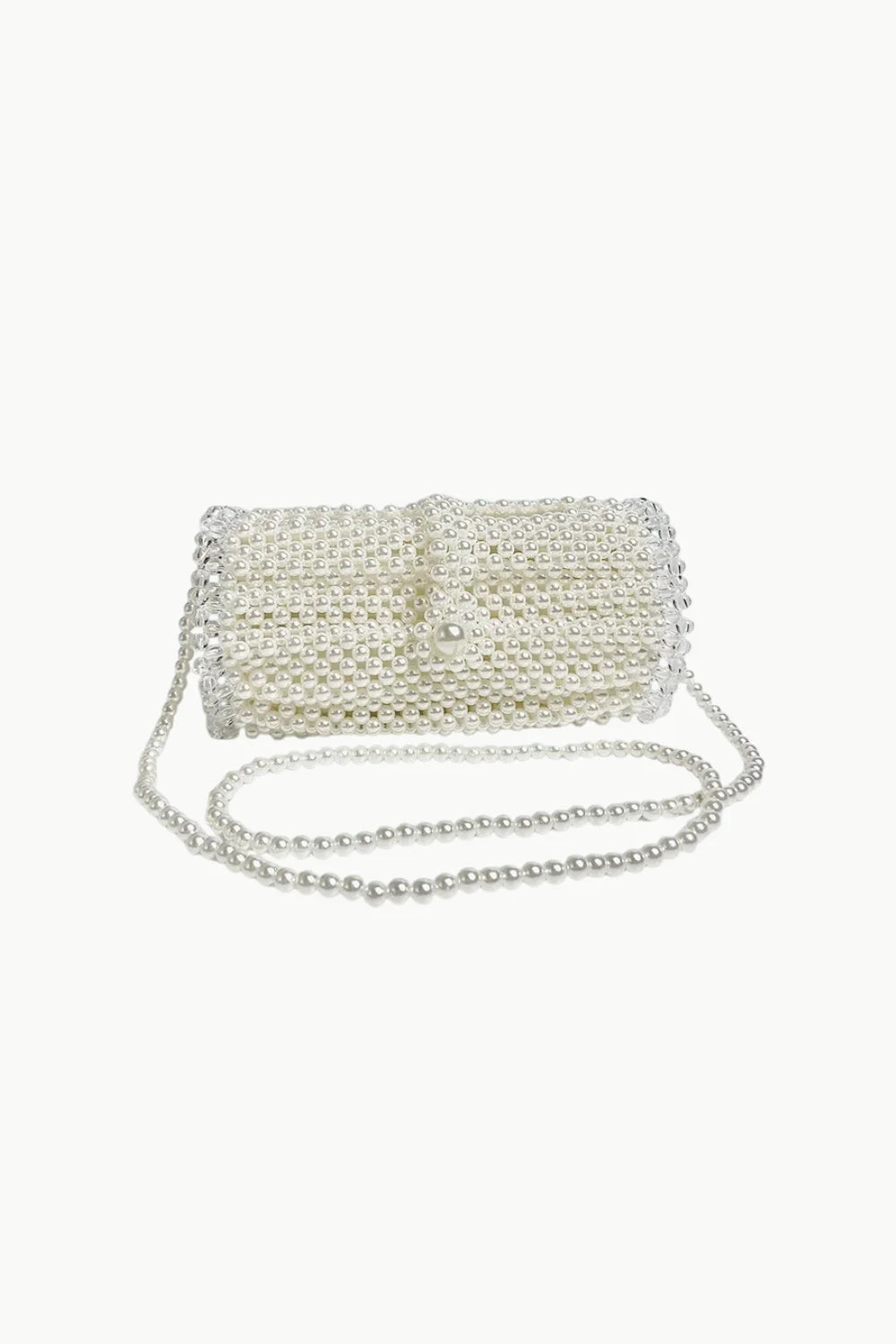 White pearl bag with long pearl bag chain and shoulder strap for elegant style